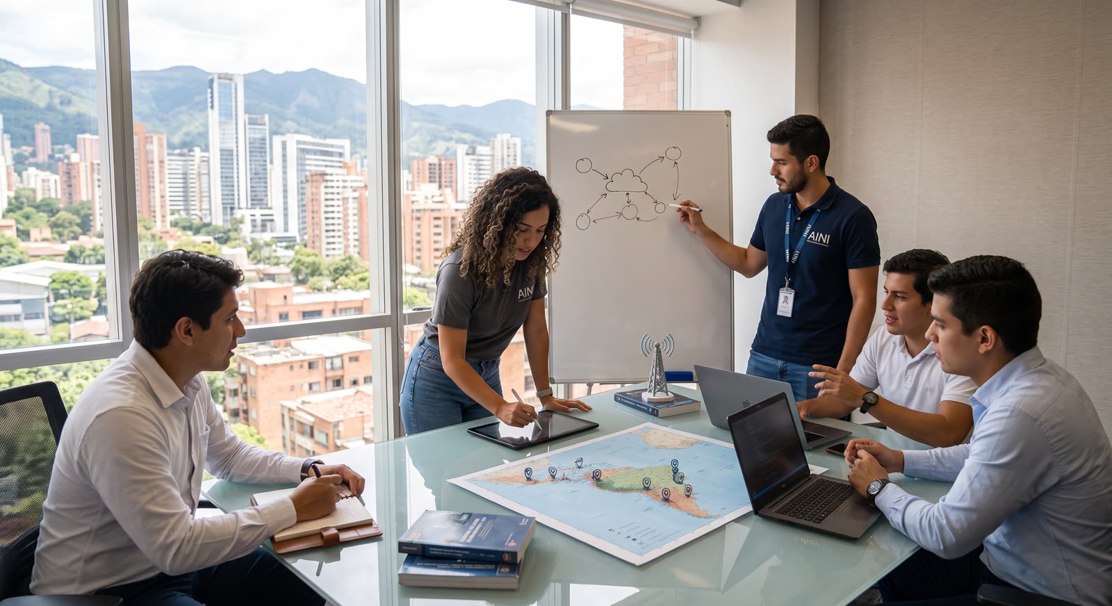 Equipo de trabajo reunido en una sala con vista a la ciudad, frente a una pizarra con un diagrama de red y un mapa de América Latina sobre la mesa.
